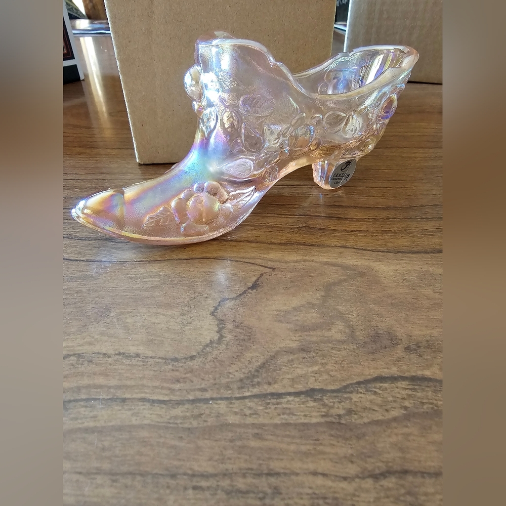 Fenton Pink Iridescent Cabbage Rose Glass Slipper